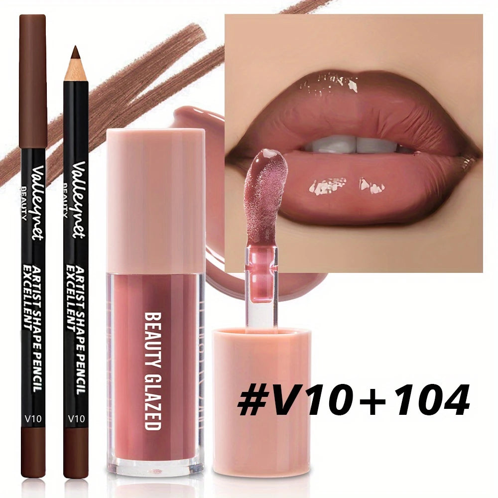 2pcs/set Velvet Texture Lip Makeup Set - Lip Liner - Lip Glaze - Waterproof Long-lasting Matte Effect, Red, Brown