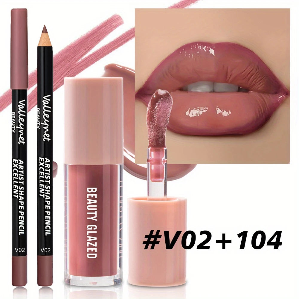 2pcs/set Velvet Texture Lip Makeup Set - Lip Liner - Lip Glaze - Waterproof Long-lasting Matte Effect, Red, Brown