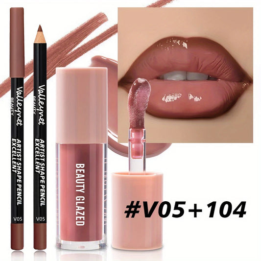 2pcs/set Velvet Texture Lip Makeup Set - Lip Liner - Lip Glaze - Waterproof Long-lasting Matte Effect, Red, Brown